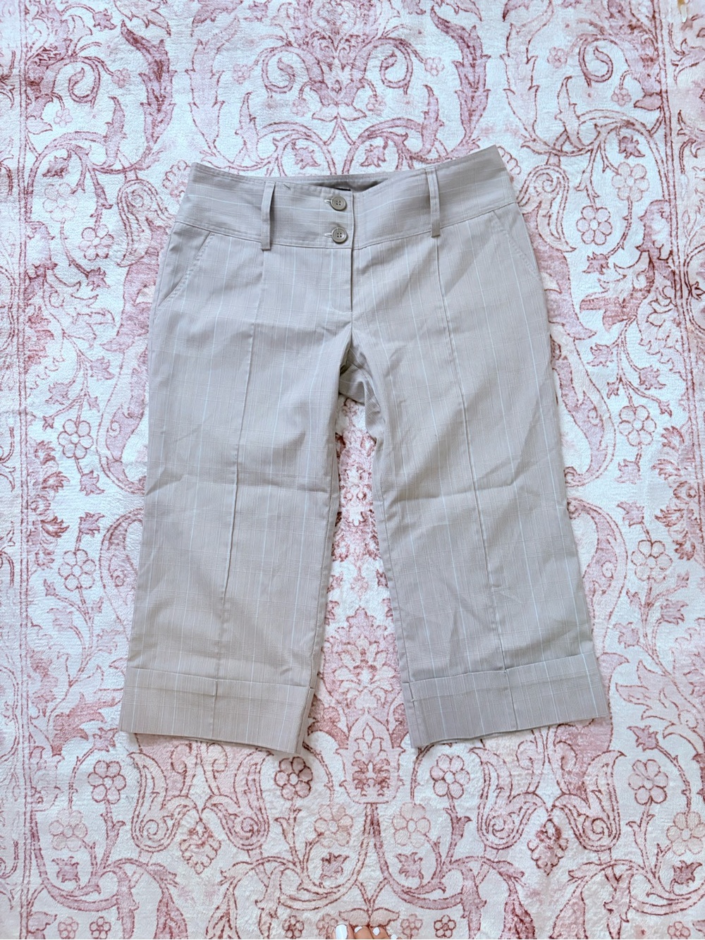 Tracy Evans Taupe Pinstripe Cropped Dress Shorts